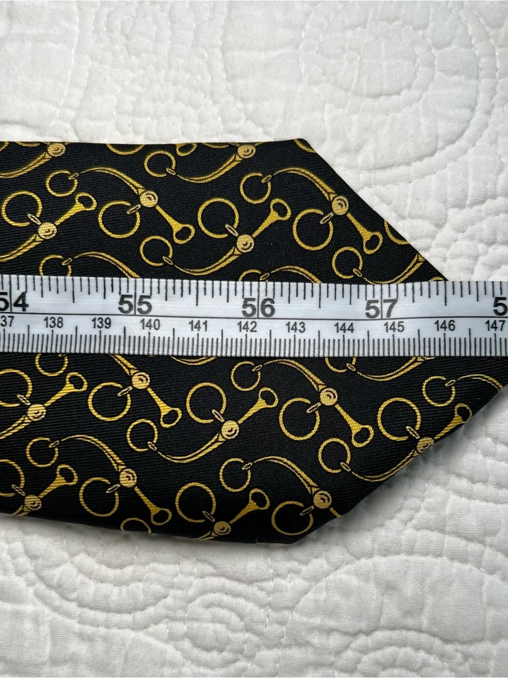 Vintage Hermès Silk Tie 643 TA Black Gold Horsebit Equestrian Scarf Print France
